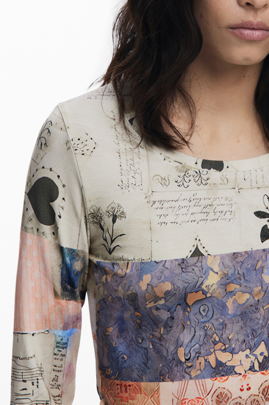 DESIGUAL DAMSKI T-SHIRT Z DŁUGIM RĘKAWEM BEŻOWY