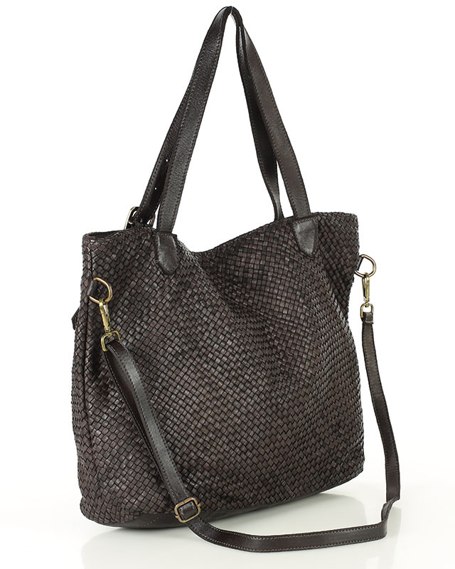 Duża torebka pleciona na ramię shopperka skórzana - MARCO MAZZINI ciemny brąz