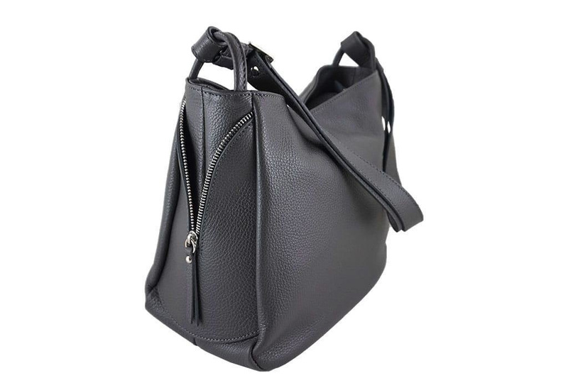 Torebka skórzana worek damska - Szara ciemna