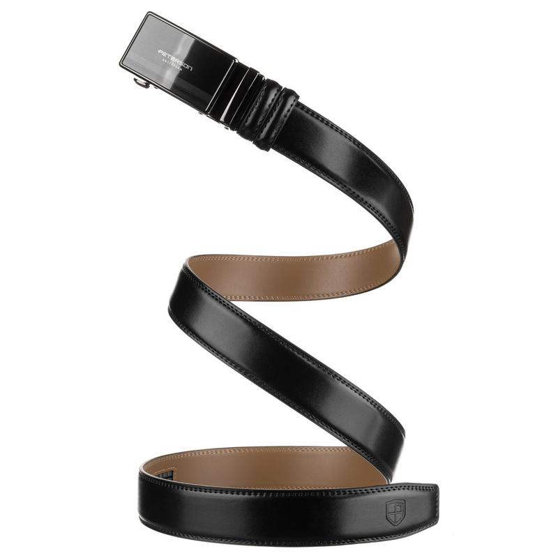 Elegancki, skórzany pasek męski w czarnym kolorze z automatyczną klamrą - Peterson