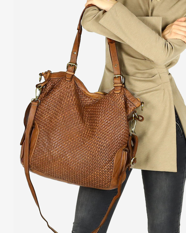 Miejska torebka z regulowanymi rączkami shopper pleciona skóra handmade - MARCO MAZZINI brąz karmel