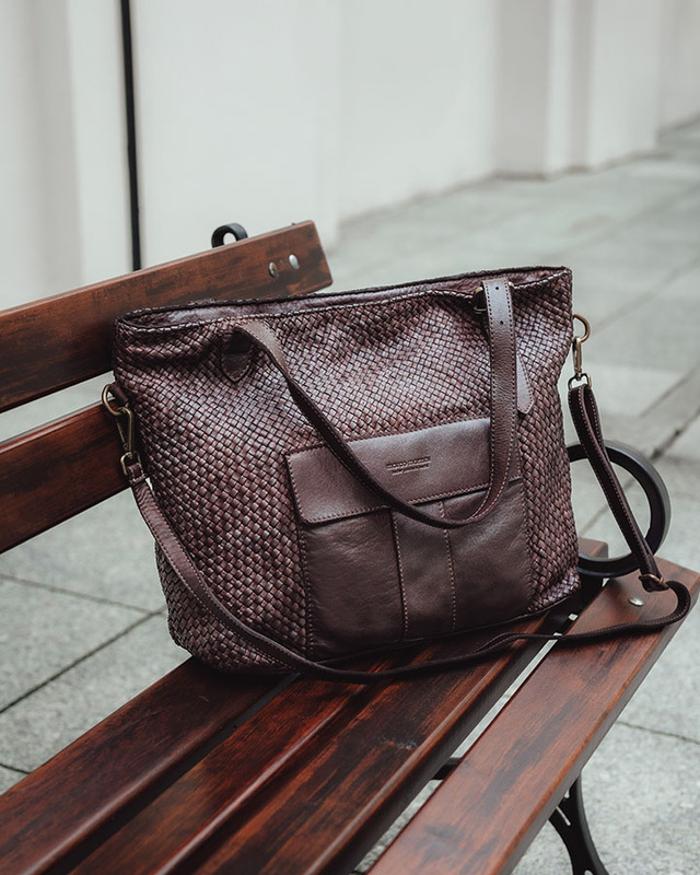 Duża torebka pleciona na ramię shopperka skórzana - MARCO MAZZINI ciemny brąz