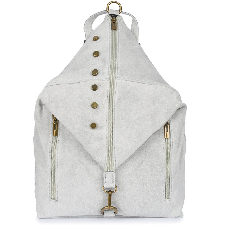 Jasnoszary Włoski Stylowy Plecak Damski Skórzany Zamsz A4 W14