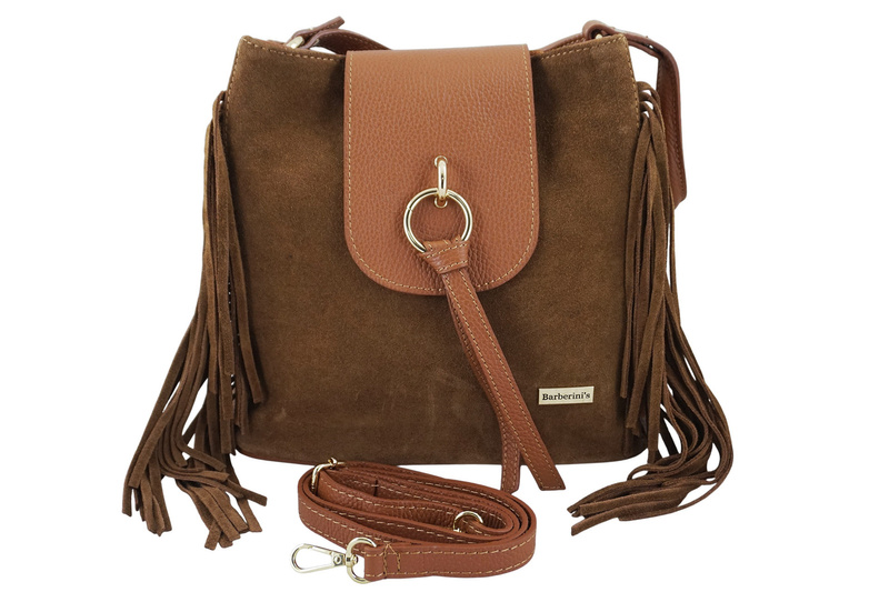 Skórzana torebka boho z frędzlami - Brązowa jasna