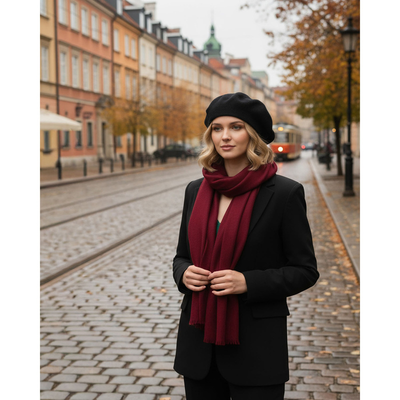 Ciepły, czarny beret damski wykonany z akrylu - Rovicky