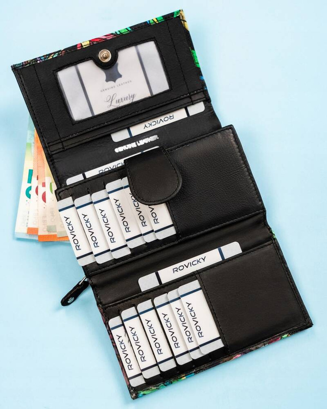 Rovicky Pojemny skórzany portfel damski na zatrzask roślinny wzór