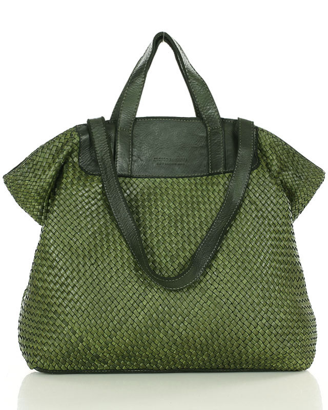 Torba damska pleciona shopper & shoulder leather bag - MARCO MAZZINI zielony militare