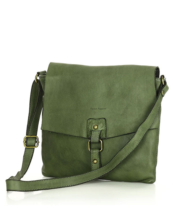 Torebka skórzana listonoszka stylowy minimalizm ala messenger leather bag - MARCO MAZZINI zielona