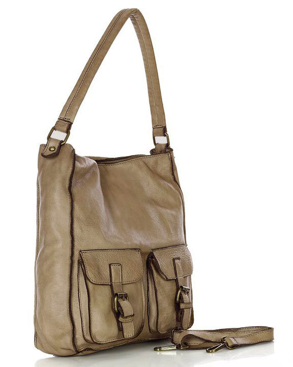 Torebka skórzana na ramię z kieszonkami safari leather bag - MARCO MAZZINI beż taupe