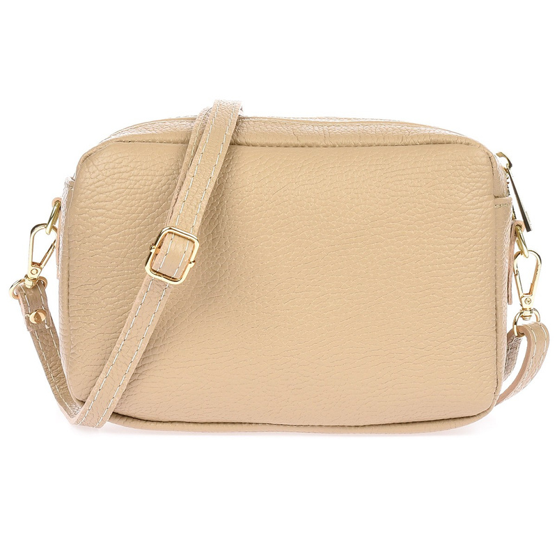 Skórzana damska torebka listonoszka beżowa dwukomorowa pojemna na pasku P10