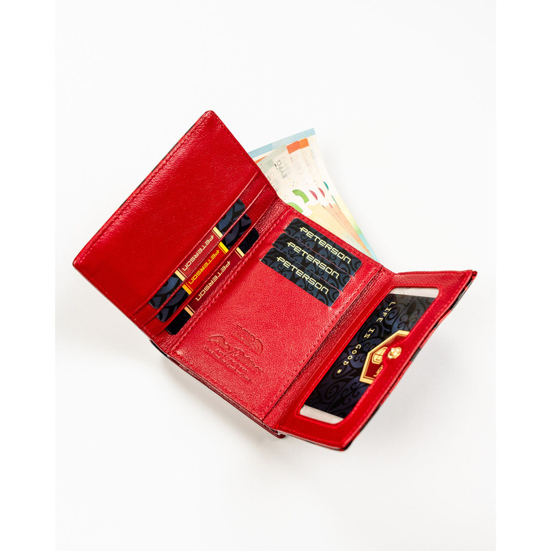 Czerwony portfel damski ze skóry ekologicznej i naturalnej w cętki, zamykany biglem i zatrzaskiem - Peterson