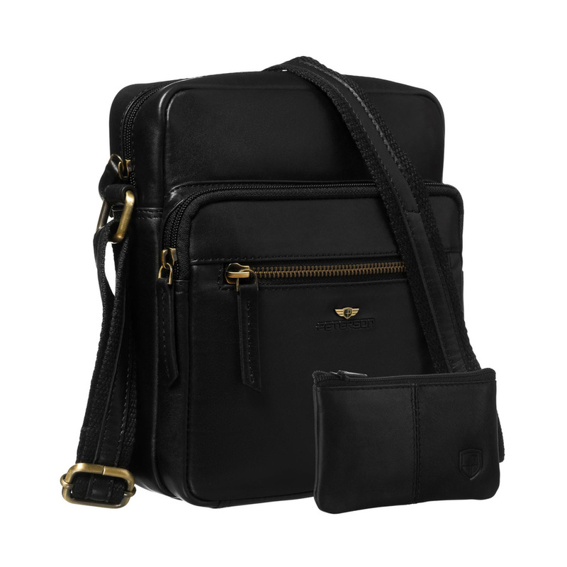 Miejska, czarna torba męska ze skóry naturalnej zawieszona na regulowanym pasku - Peterson