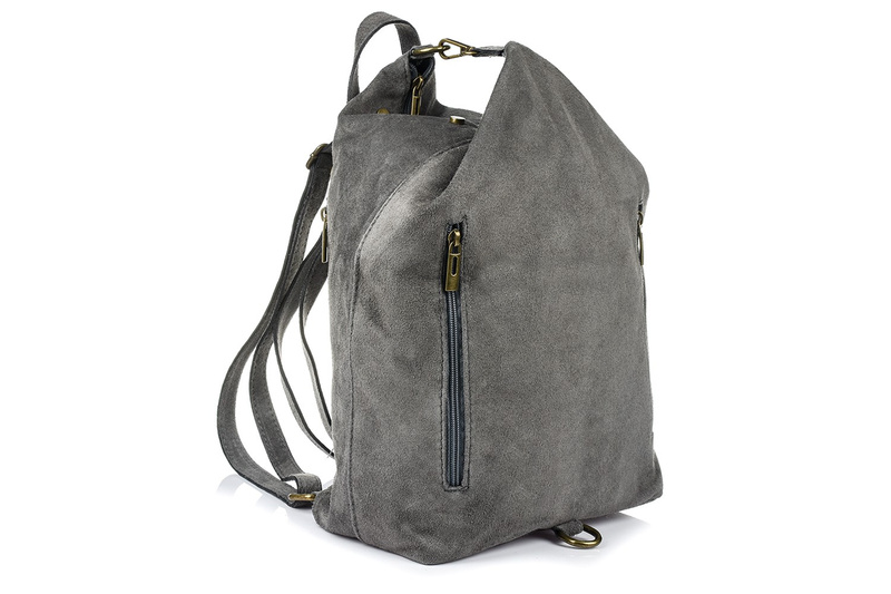 Szary Włoski Stylowy Plecak Damski Skórzany Zamsz A4 W14