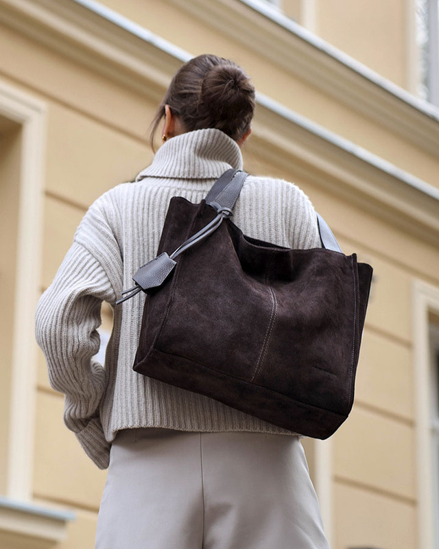 Ciemnobrązowa torba zamszowa ze skóry typu shopper - MARCO MAZZINI