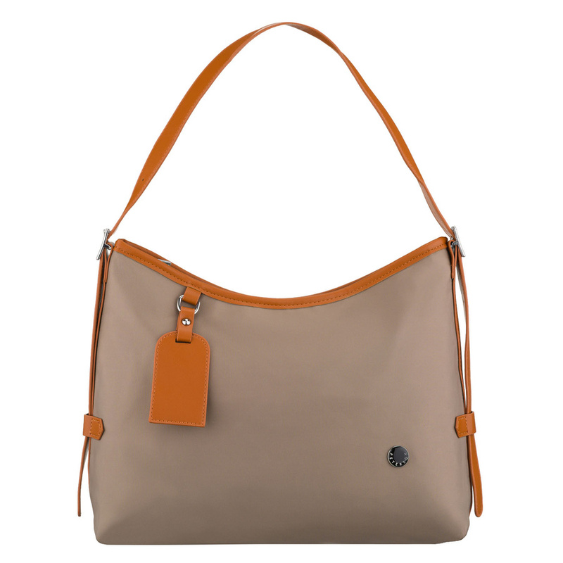 Beżowa listonoszka damska z poliestru i skóry ekologicznej wyposażona w kieszonkę zewnętrzną - Peterson