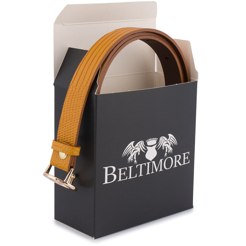 Skórzany pasek damski do spodni sukienki musztardowa skóra nat 1,8 cm Beltimore O16 : Kolory - żółty, złoty, Rozmiar pasków - r.105-120 cm