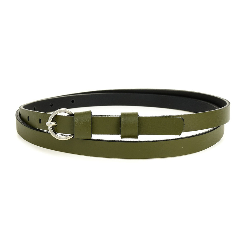 Pasek damski wąski solidny skórzany do sukienki khaki S19 : Kolory - zielony, Rozmiar pasków - r.105-120 cm