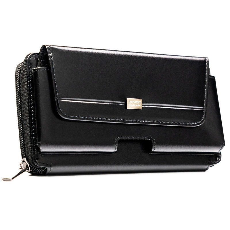 Skórzana, dwukomorowa, czarna saszetka męska z systemem RFID - Rovicky