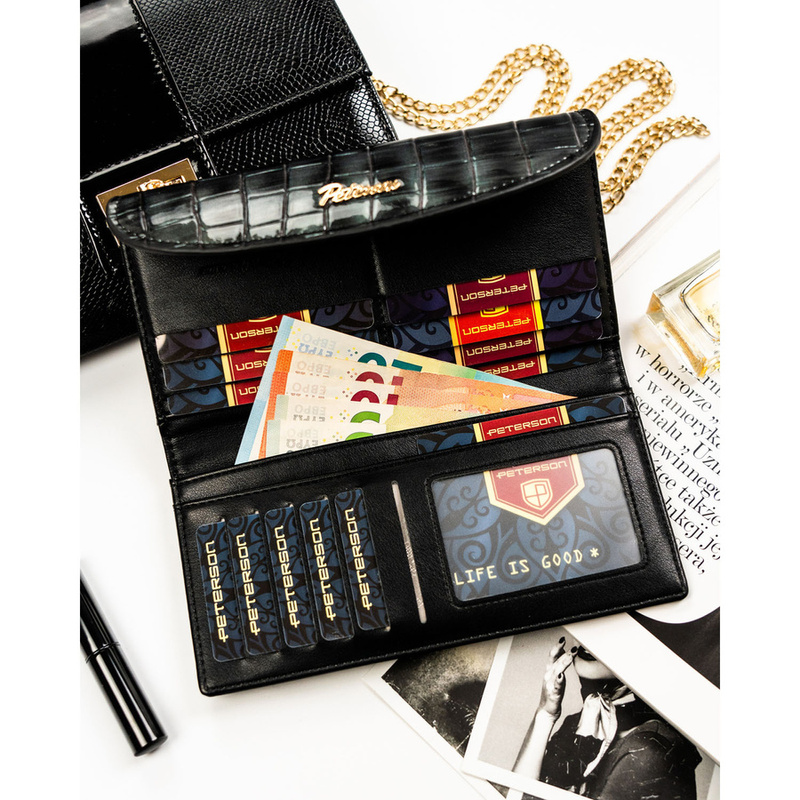 Szary portfel damski ze skóry ekologicznej z tłoczeniem na wzór skóry krokodyla, zamykany na zatrzask magnetyczny - Peterson