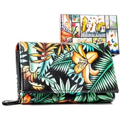 Rovicky Pojemny skórzany portfel damski na zatrzask roślinny wzór
