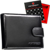 Poziomy, elegancki, czarny portfel męski ze skóry naturalnej zamykany zatrzaskiem - Peterson