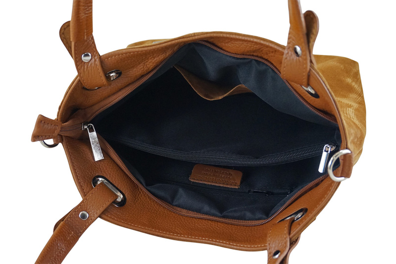 Duża elegancka torebka z naturalnej skóry i zamszu - Brązowa jasna