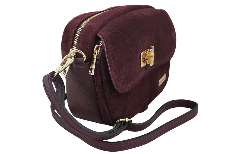 Mała zamszowa listonoszka ze złotym zapięciem - Bordowa