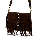 Boho damska listonoszka skórzana zamszowa z frędzlami i kieszenią Luka