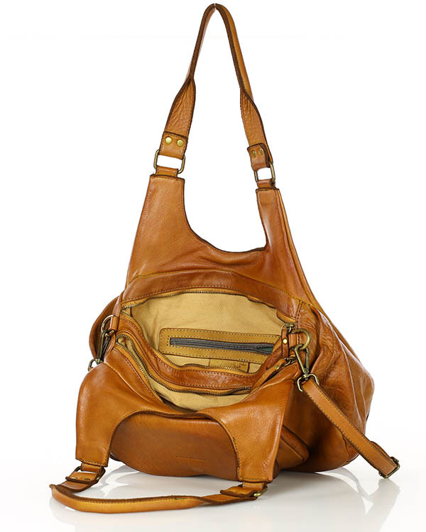 Włoska torebka skórzana z kieszenią z przodu retro bag handmade - MARCO MAZZINI brąz camel
