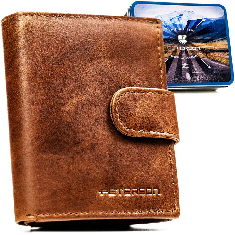 Jasnobrązowy portfel męski ze skóry naturalnej wyposażony w system RFID, zamykany zatrzaskiem - Peterson