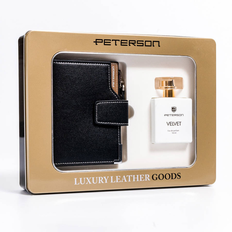 Zestaw prezentowy: skórzany portfel damski na zatrzask i woda perfumowana Velvet — Peterson