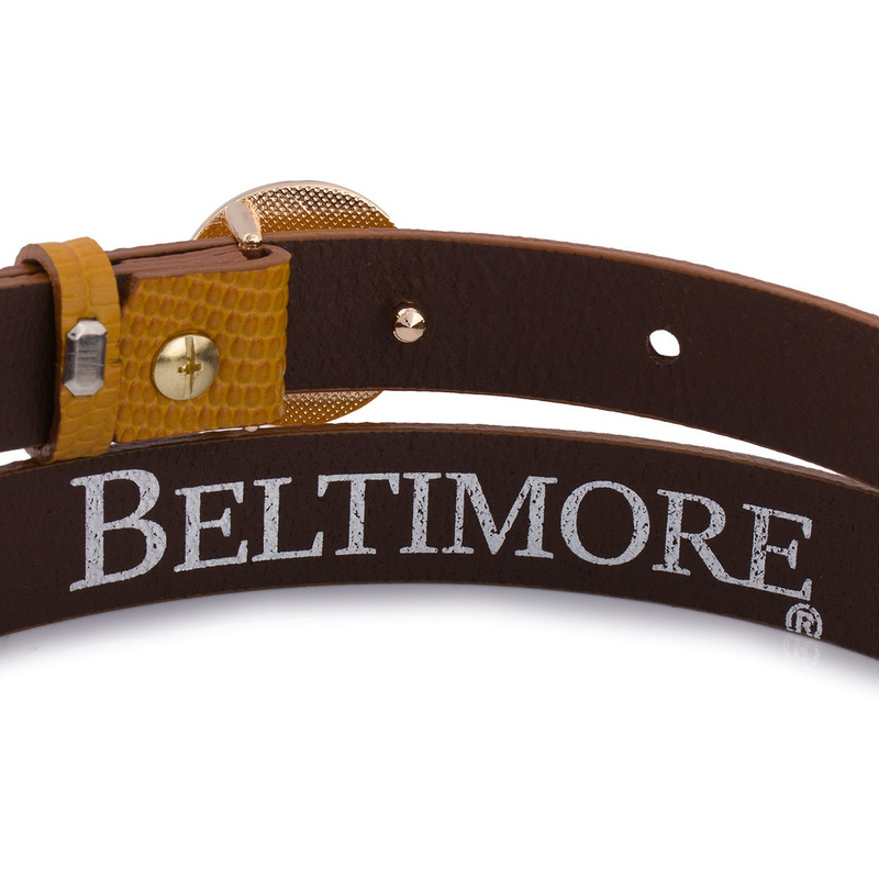 Skórzany pasek damski do spodni sukienki musztardowa skóra nat 1,8 cm Beltimore O16 : Kolory - żółty, złoty, Rozmiar pasków - r.105-120 cm