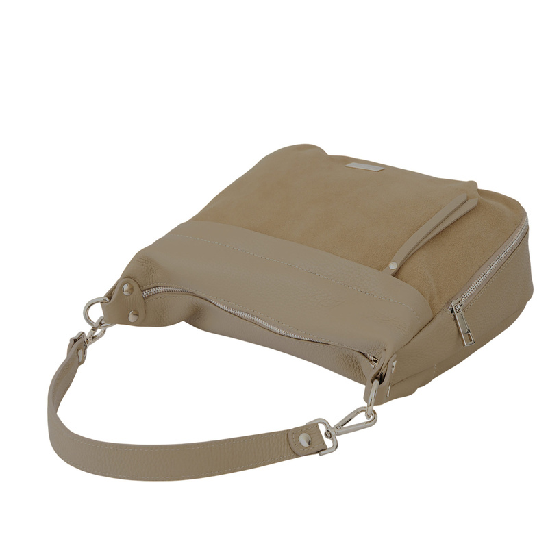 Skórzana torebka z zamszowym akcentem - Beżowa