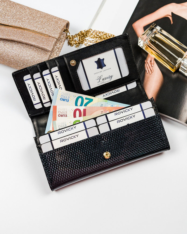 Rovicky klasyczny podłużny portfel duży skóra naturalna lakierowana RFID