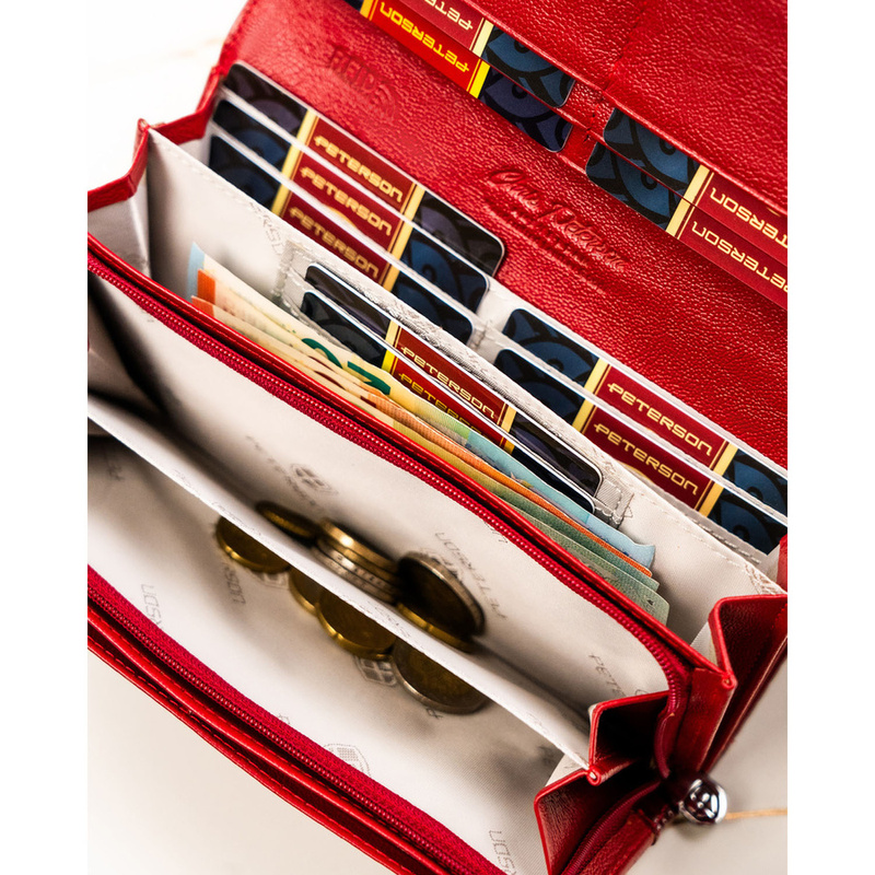Klasyczny, duży portfel damski ze skóry naturalnej w czerwonym kolorze - Peterson