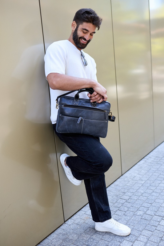 Torba męska skórzana na laptopa ramię komputer duża nubuk czarna Beltimore N04