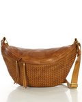 Duża torebka nerka półksiężyc skóra pleciona - MARCO MAZZINI brąz camel