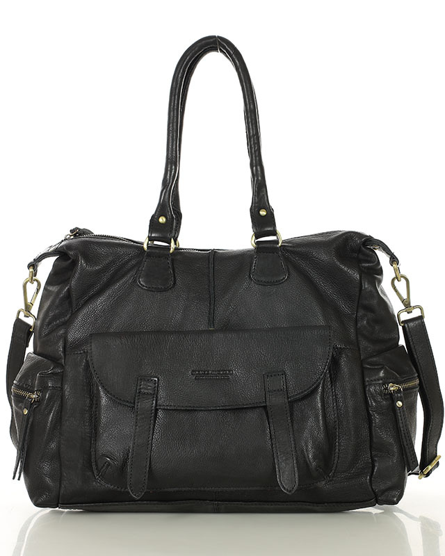 Pojemna torba damska na ramię z kieszeniami skóra naturalna - MARCO MAZZINI czarny