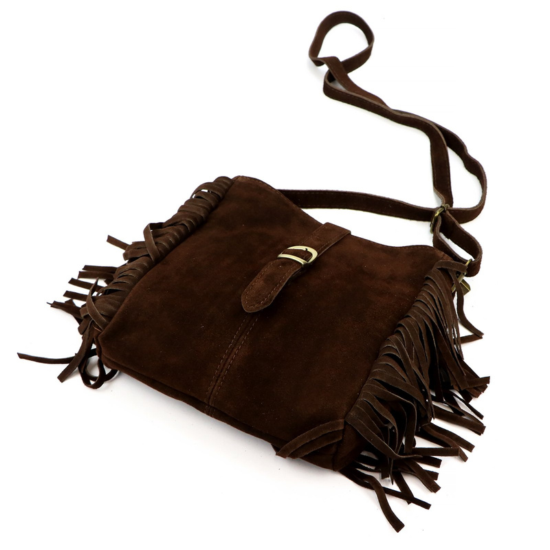 Zamszowa damska listonoszka torebka skórzana przez ramię z frędzlami Luka