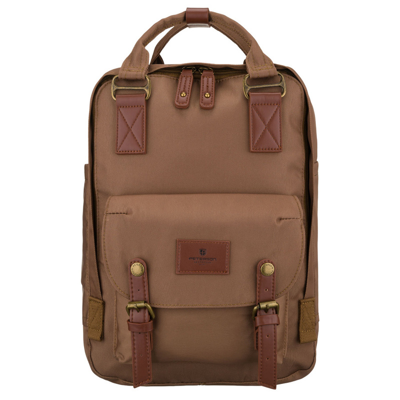 Plecak damski z poliestru i skóry ekologicznej w brązowym kolorze, jednokomorowy - Peterson