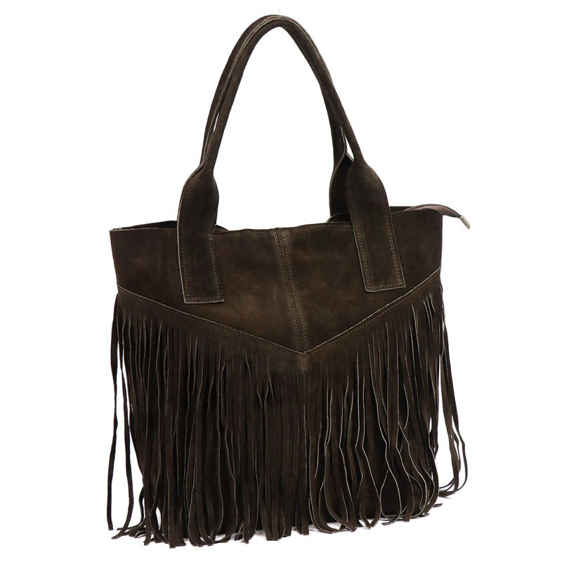 Luka damska shopperbag skórzana zamszowa torebka na ramię z frędzlami