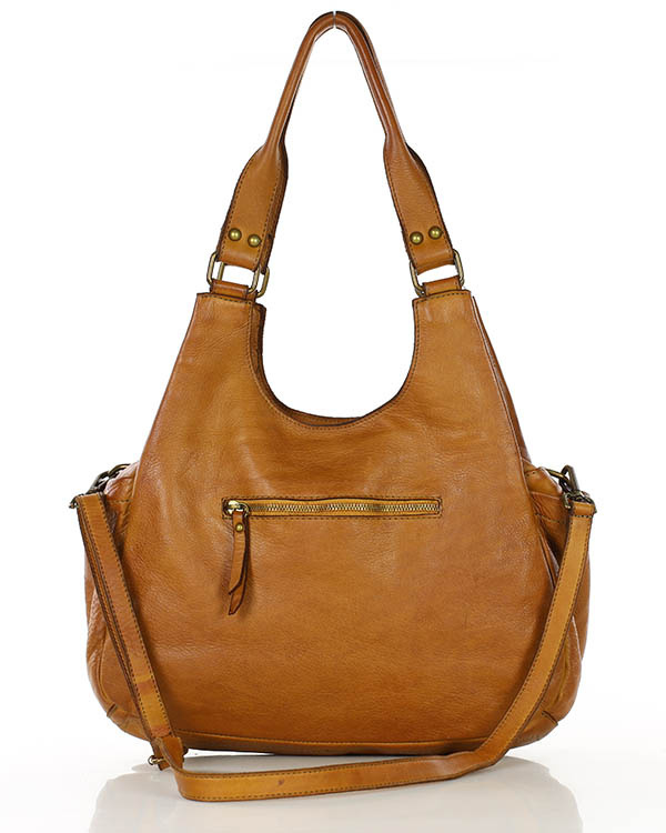Włoska torebka skórzana z kieszenią z przodu retro bag handmade - MARCO MAZZINI brąz camel