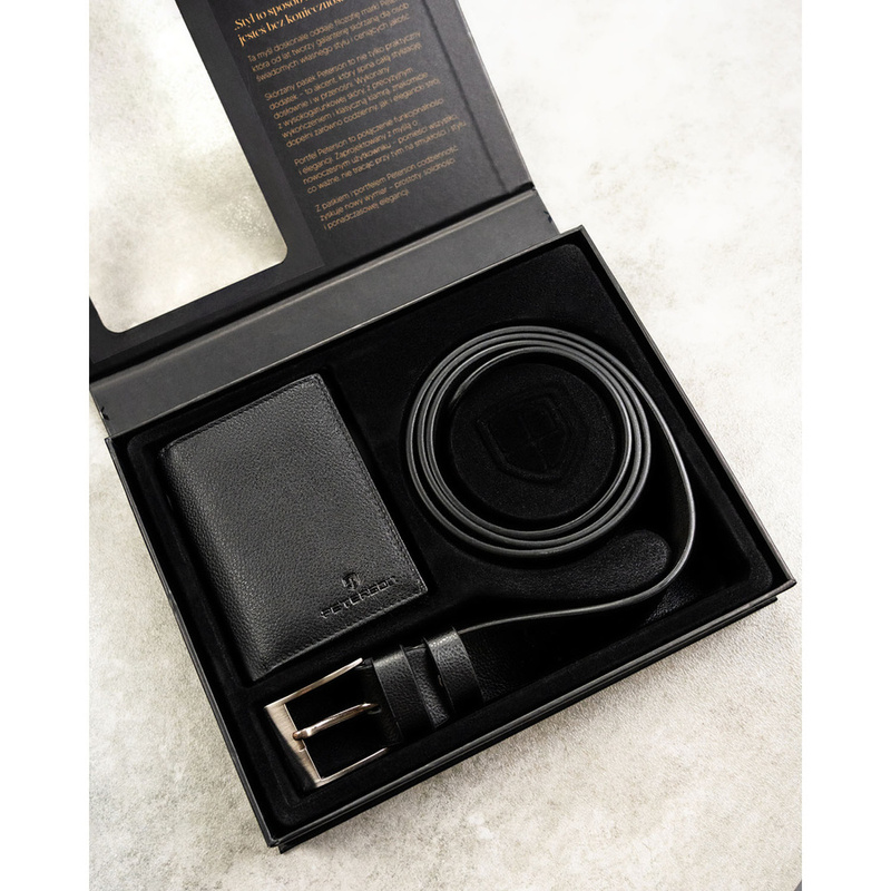 Zestaw prezentowy: skórzany, pionowy portfel męski w czarnym kolorze z systemem RFID i pasek ze skóry ekologicznej - Peterson