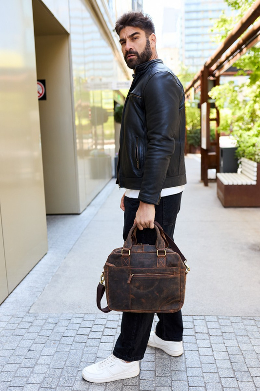 Duża solidna skórzana torba Beltimore na laptopa dokumenty brązowa nubuk M88