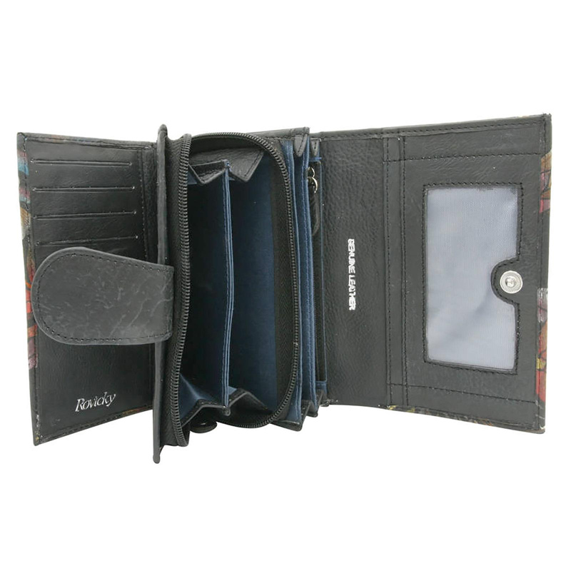 Rovicky Pojemny skórzany portfel damski na zatrzask roślinny wzór