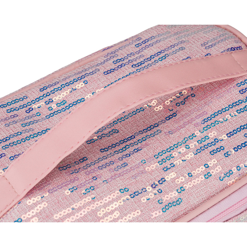 Podróżna kosmetyczka z tkaniny syntetycznej w różowym kolorze ozdobiona cekinami - Peterson