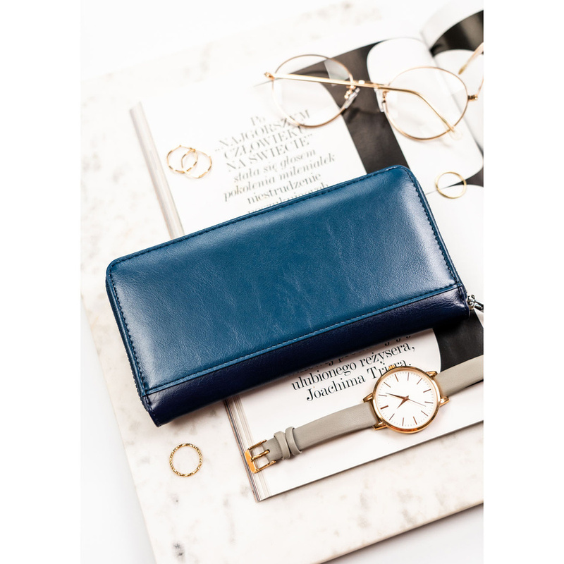 Portfel-piórnik damski ze skóry naturalnej i ekologicznej w granatowym kolorze zamykany na suwak - Peterson