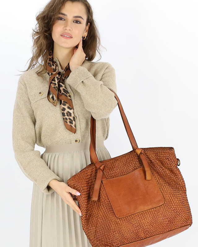 Oryginalna torebka pleciona damska skórzany shopper bag - MARCO MAZZINI brąz camel