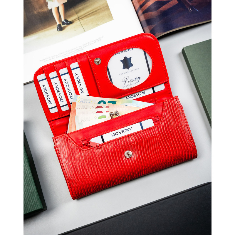 Czerwony, poziomy portfel damski ze skóry ekologicznej zamykany zatrzaskiem - 4U Cavaldi