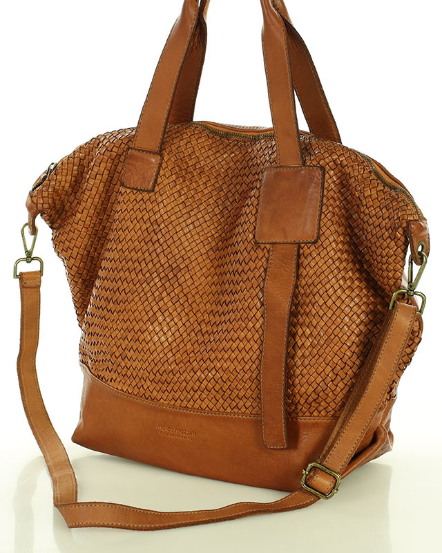 Camelowa torebka pleciona shopper A4 z miękkiej włoskiej skóry Marco Mazzini